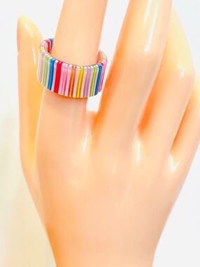 Rainbow Striped Resin Adjustable Stacking Ring Multicolor Boho NWOT